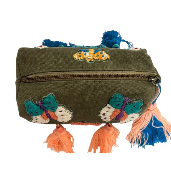 Raj LA Dark Sage Green Canvas Embroidered Tasseled Butterfly Cosmetic Bag NEW - Picture 6 of 6
